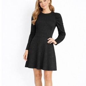 Ann Taylor Leopard Print Jacquard Dress 8 Black Fit Flare Puff Long Sleeve Mini